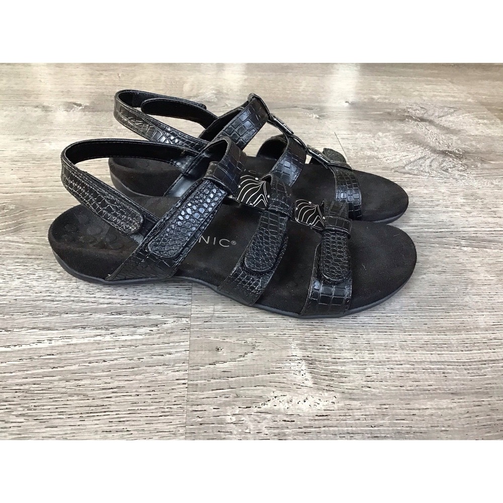 Vionic Women's Amber  Slingback Sandals Hook & Loop Black Embossed Leather US 9